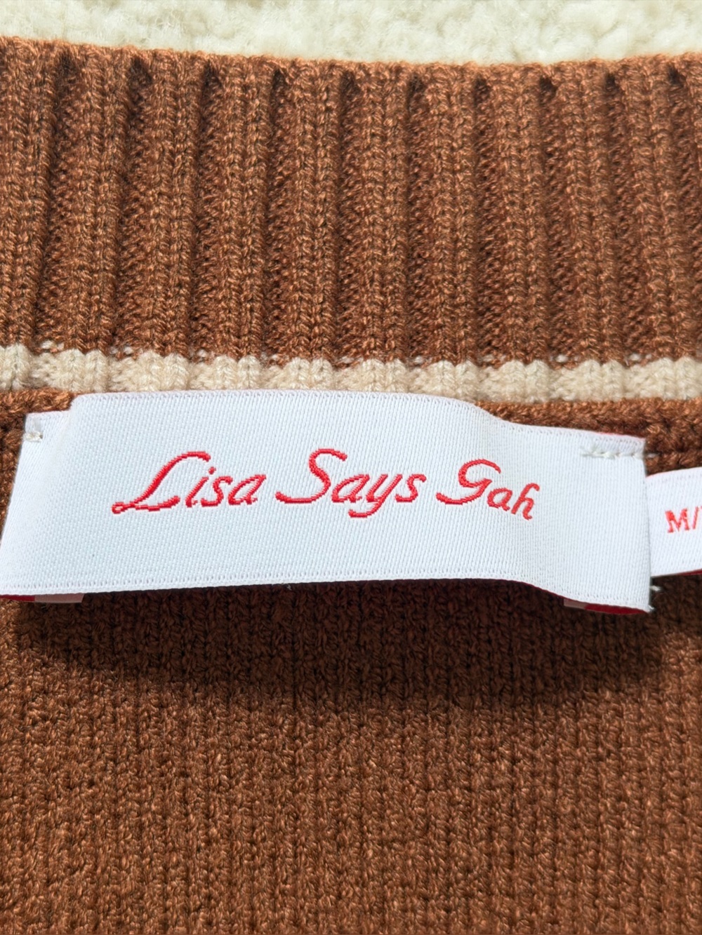 Lisa Says Gah Fangio Sweater Vest Brown Mushroom Graphic V-Neck Cap Sleeve M/L - Picture 4 of 7